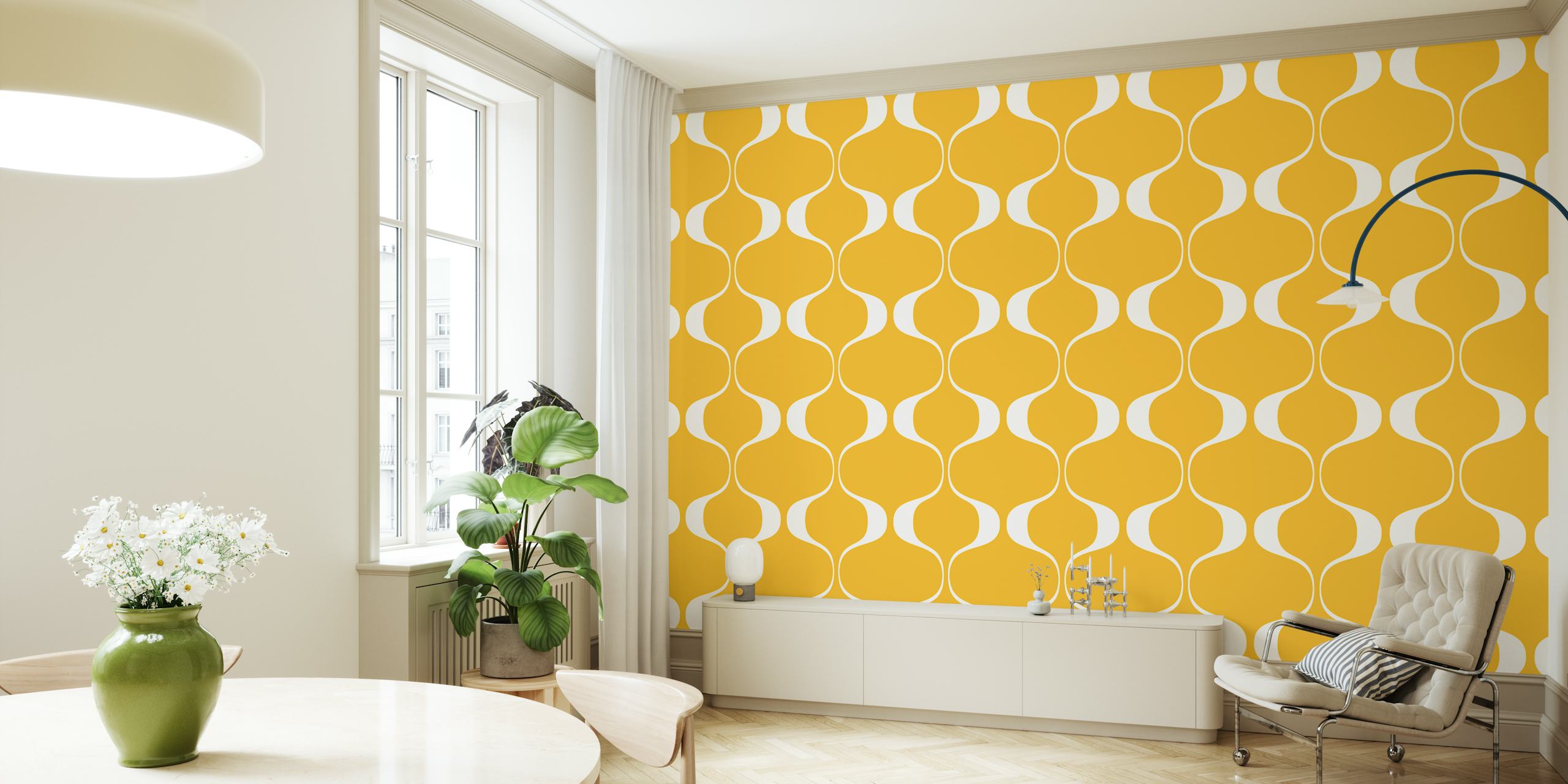 Mustard retro geometric waves pattern wallpaper